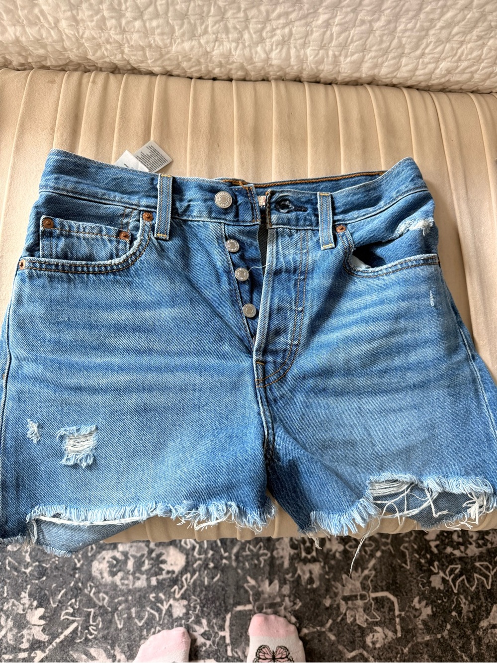 Levi's Light Blue Distressed Button-Fly Jean Shorts